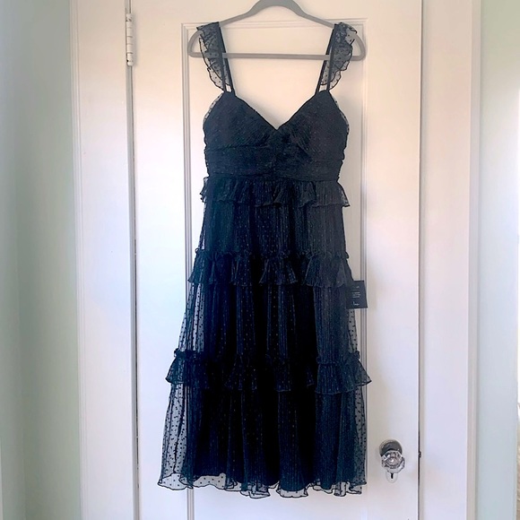 Lulus Black Mesh Swiss Dot Tiered Midi Dress NWT - Picture 2 of 4